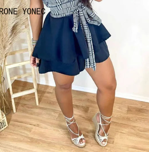 Chic Women’s Halter V Neck Plaid Top & Ruffle Mini Skirt