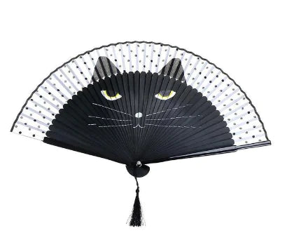 Hand-Painted Cat Folding Bamboo Fan with Lacquered Handle