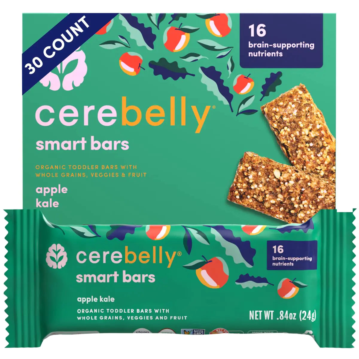 Cerebelly Toddler Snack Bars – Organic Apple Kale Smart Bars (Pack of 30) Healthy Snack Bars for Kids - 16 Brain-supporting Nutrients Made with Gluten Free Ingredients Nut Free No Added Sugar