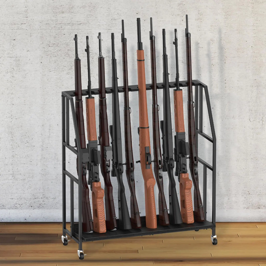 Gun Racks Floor Standing Shotgun Racks Indoor Outdoor Heavy Duty Metal Frame Wooden Rifle Racks with Wheels Vertical Gun Display Stand for Home Garage Gun Storage - Holds up to 10 Long Guns