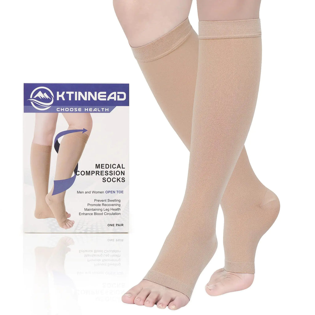 Ktinnead Compression Socks for Women and men 20-30 mmhg Knee High Graduated Compression Stockings Opaque Open Toe Unisex Beige XX-Large