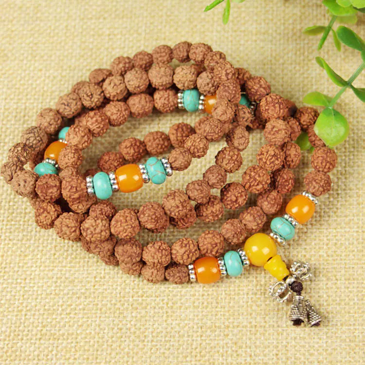 Natural Wood 108 Buddha Beads with Yellow Flower Pear