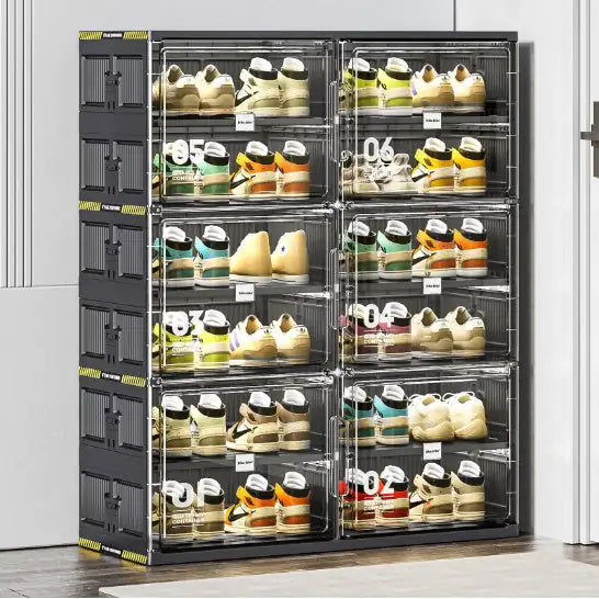 6 Layers Of 24 Pairs Of Hard Plastic Shoe Storage Cabinet, Large Stackable And Foldable Sneaker Shoe Box Storage Cabinet
