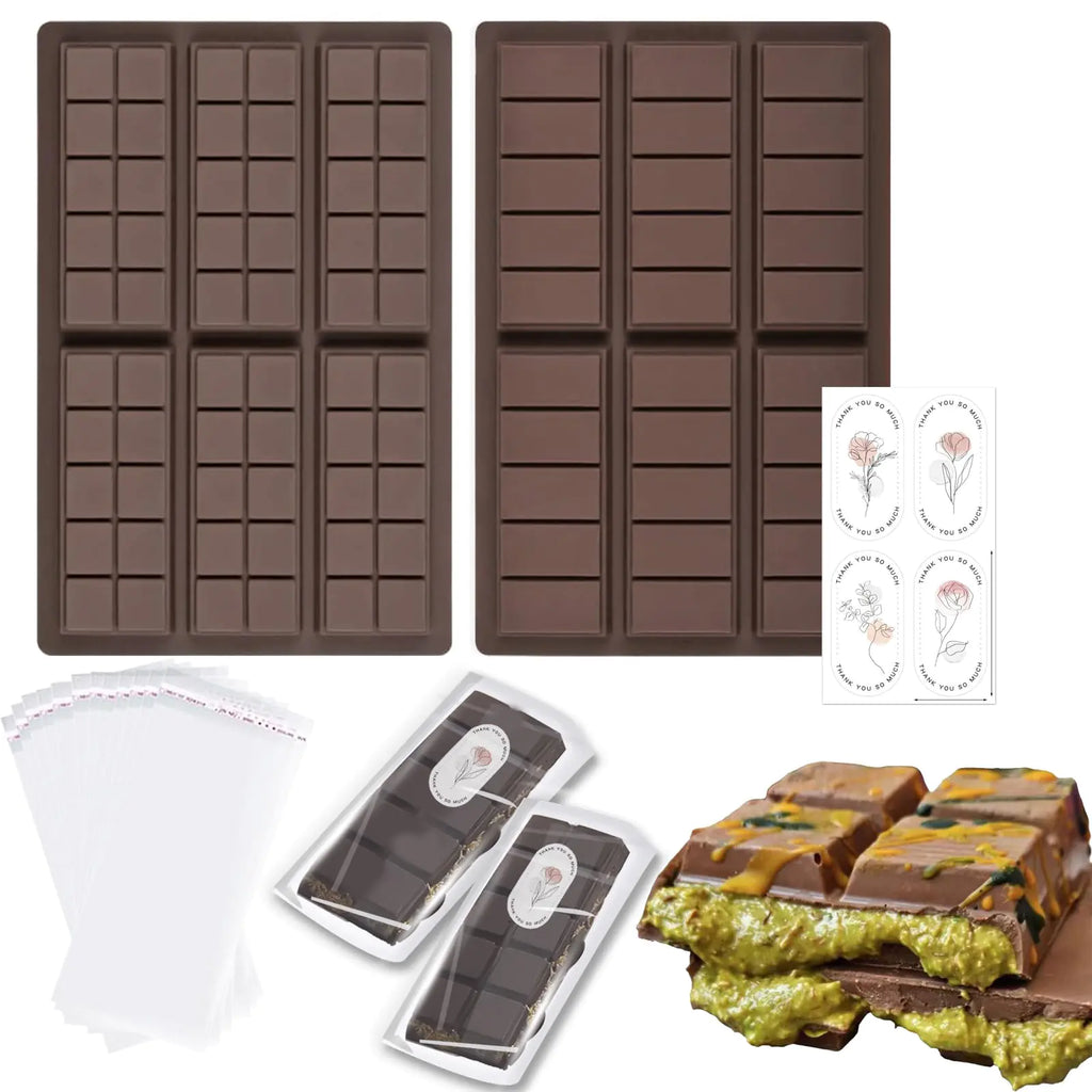 jejucy Chocolate Bar Mold Deep Silicone Thick Chocolate Bar Filled Chocolate Block Candy Mold Pistachio Chocolate Board Mold 100 Storage Bags And Stickers(Square + Rectangle)