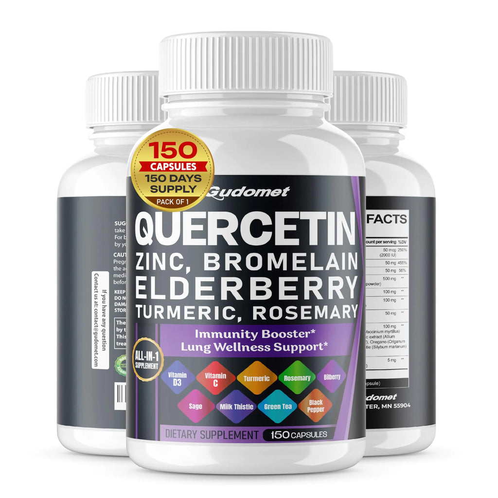GUDOMET Quercetin Bromelain Zinc Vitamin D3 Elderberry Turmeric Rosemary Bilberry Sage Odorless Garlic Green Tea Milk Thistle Oregano -150 Capsules- Made in USA