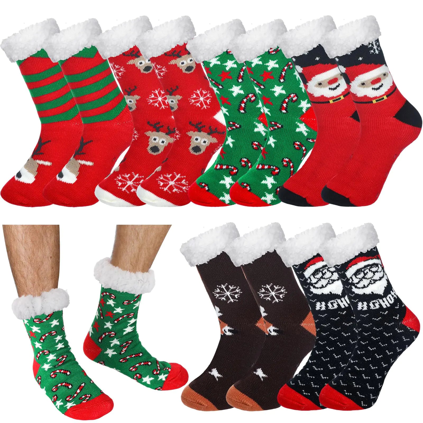 Liitrsh 6 Pairs Mens Fuzzy Slipper Socks with Grip Winter Non Slip Socks Fluffy Winter Warm Socks Lamb Fleece Socks(Christmas Style)