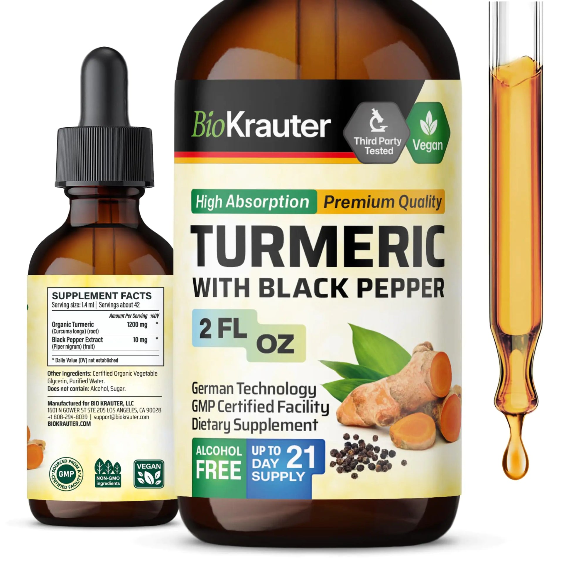BIO KRAUTER Turmeric Supplement Tincture - 1200 mg Turmeric Curcumin with Black Pepper Extract for Joint Support - Alcohol and Sugar Free - Vegan Drops 2 Fl.Oz.