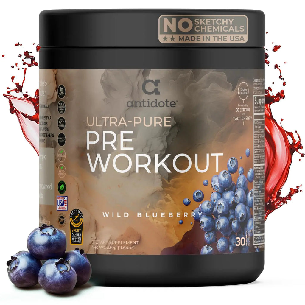 Antidote Clean Pre Workout Powder – Natural Energy & Focus Boost – Beetroot Creatine Beta-Alanine – Energy Drink Powder Without Artificial Additives - Pre-Workout Supplement - Wild Blueberry