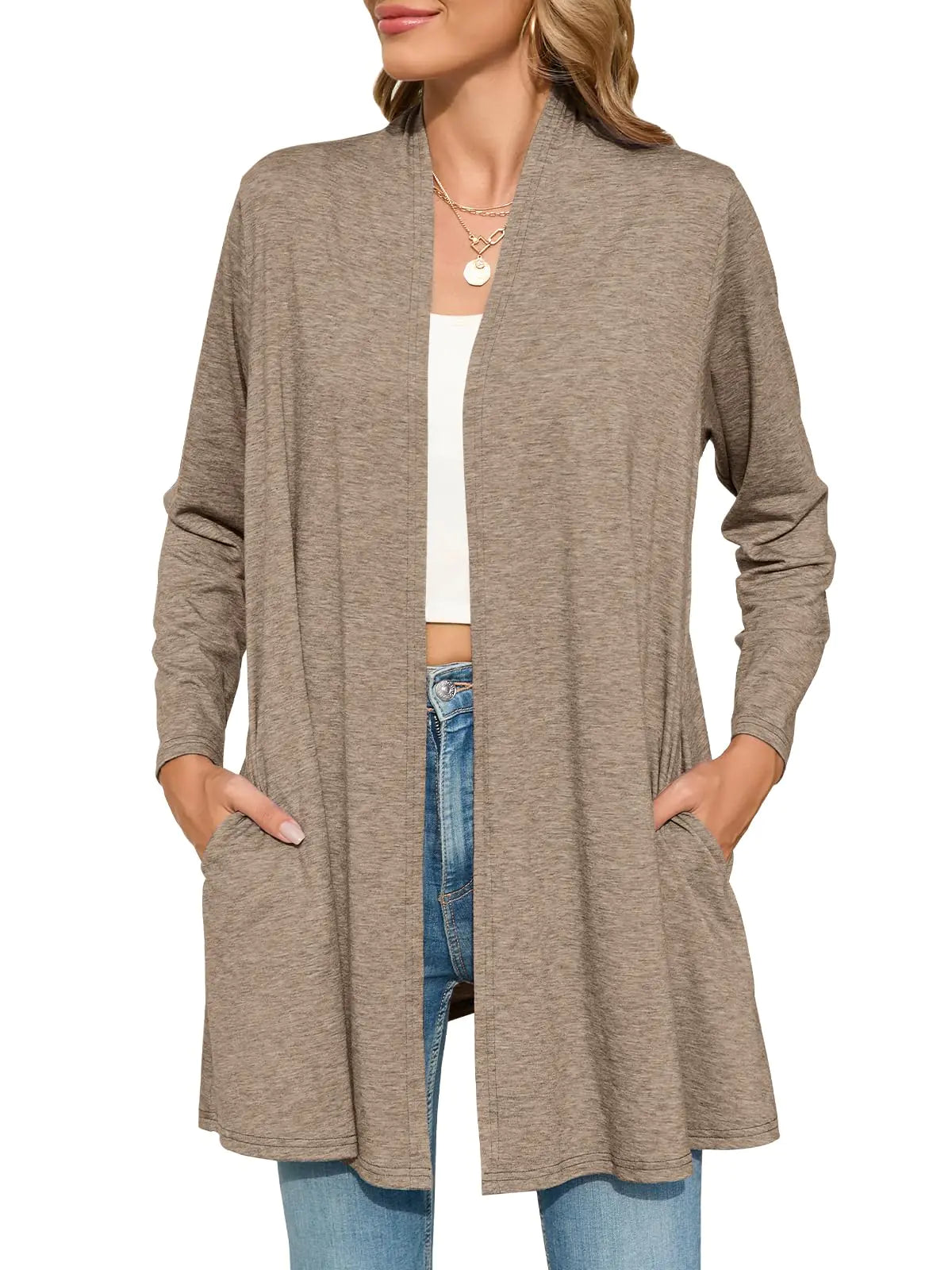 JollieLovin Womens Plus Size Long Sleeve Lightweight Cardigans Open Front Casual Soft Drape Fall Dusters Khaki