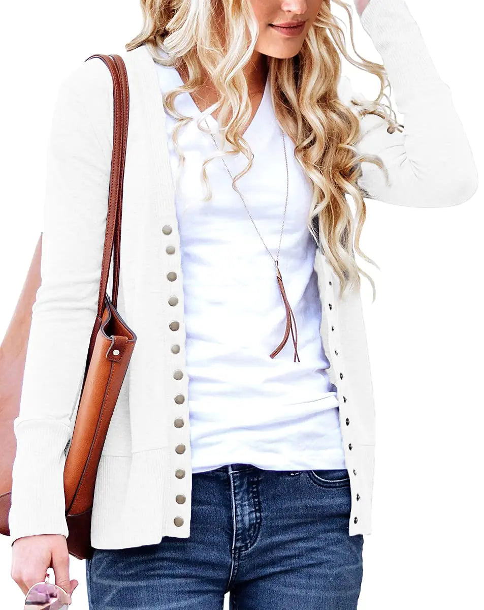 NENONA Womens Long Sleeve Lightweight Cardigans Open Front Button Down Basic Soft Outwear(White-L)