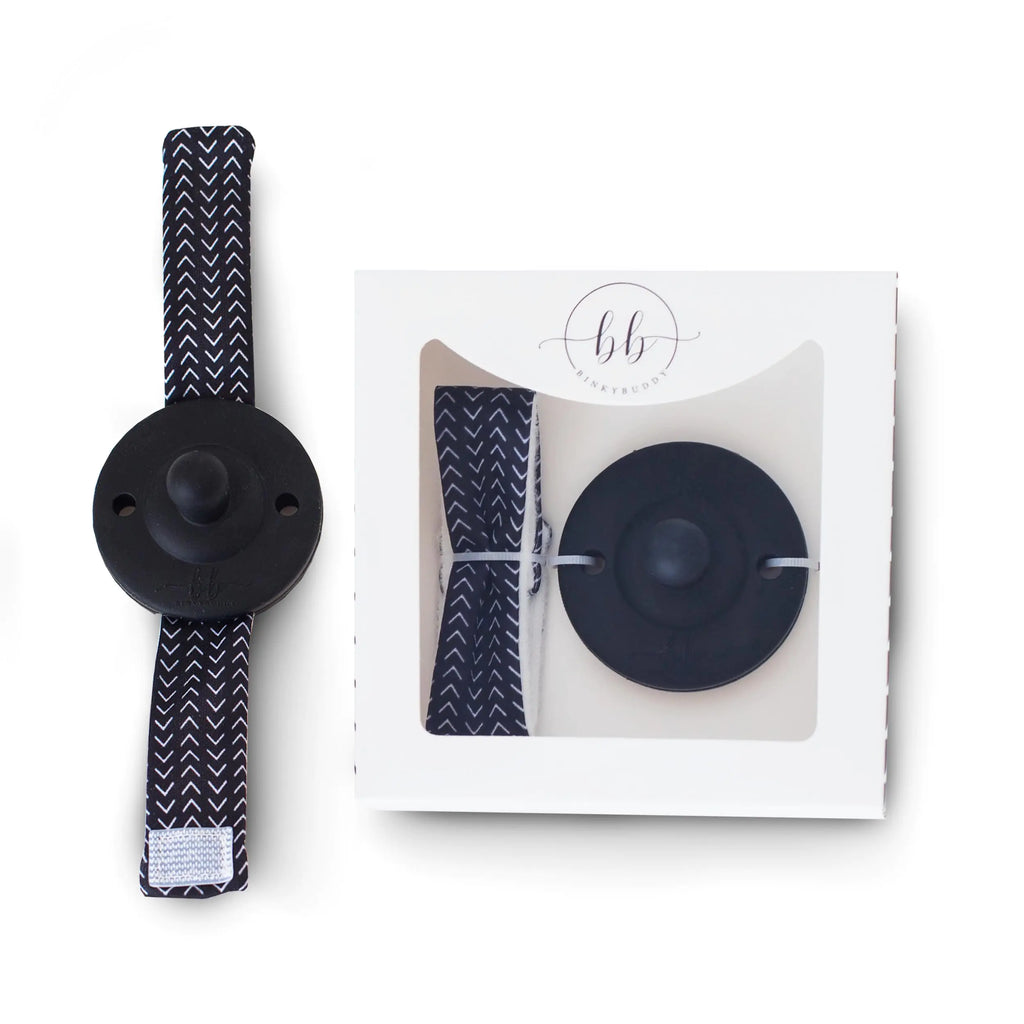 BinkyBuddy Wrist Pacifier w/Fabric Band (Patent Pending) Self-Soothing Pacifier Baby Gift All Ages 0+ (Black)