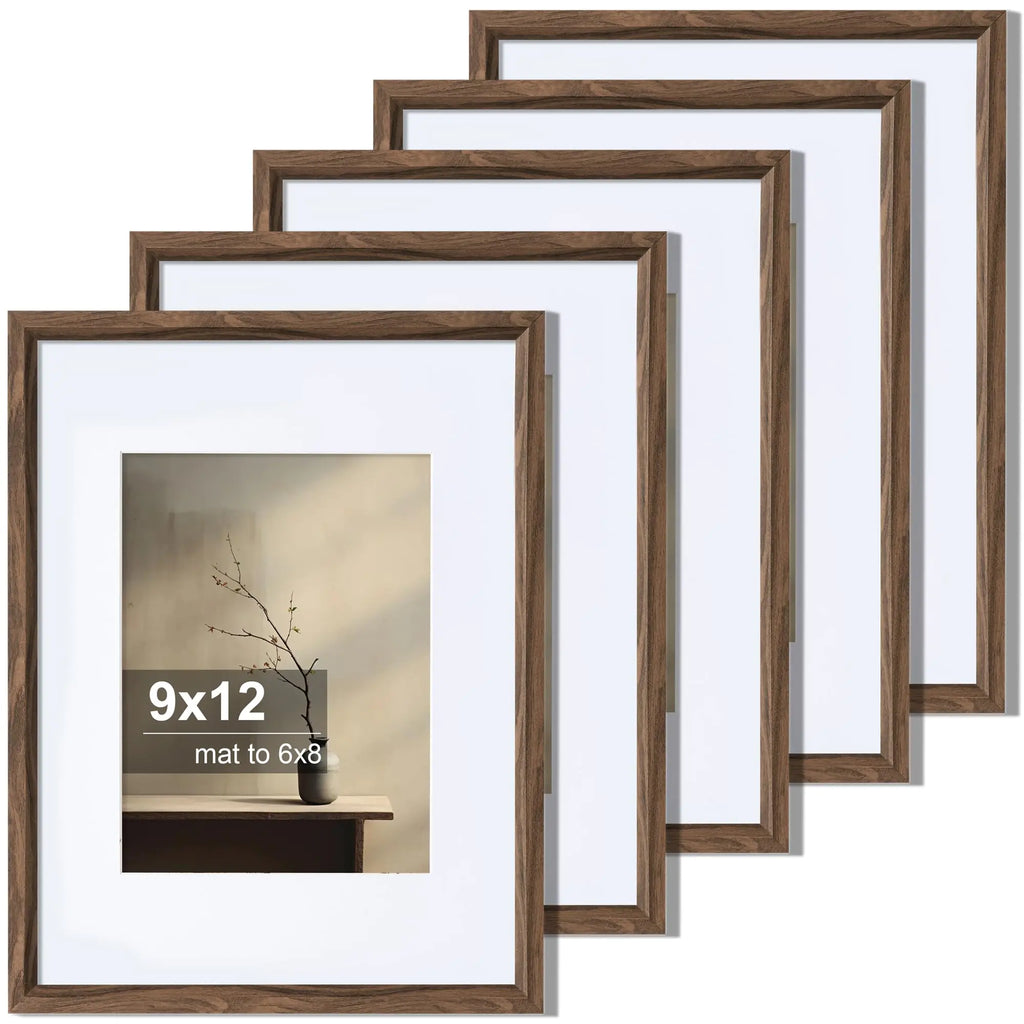 Axeman 9x12 Frame Set of 5 | 9 x 12 Picture Frame for Wall or Tabletop Display | Display Pictures 6x8 with Mat or 9x12 without Mat | 9x12 Picture Frame with High Definition Plexiglass | Walnut