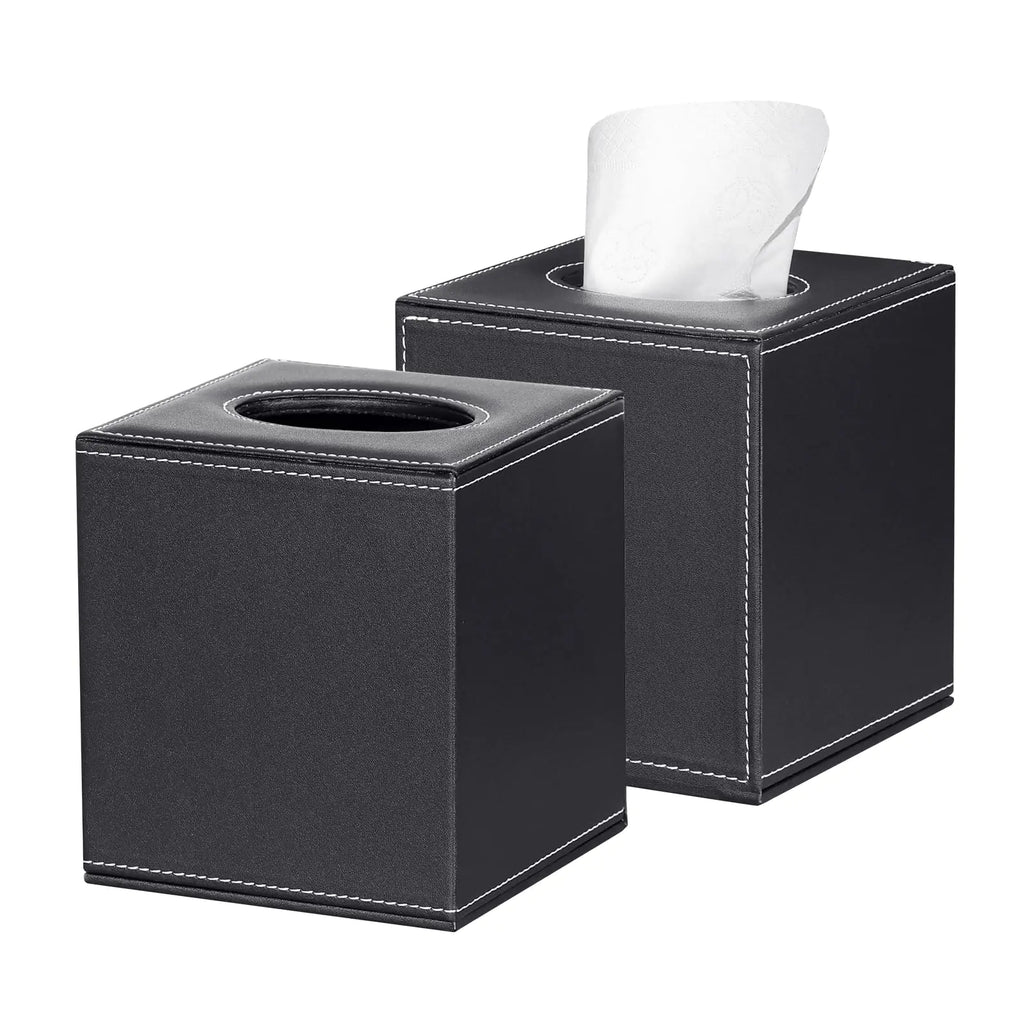 ArcaGuru Tissue Box Cover Leather Tissue Box Holder Stylish Tissue Box Holder with Magnetic Bottom Square Tissue Box for Vanity Toilet Tank Counter Night Stand Desk Office Car Black 2 Pack