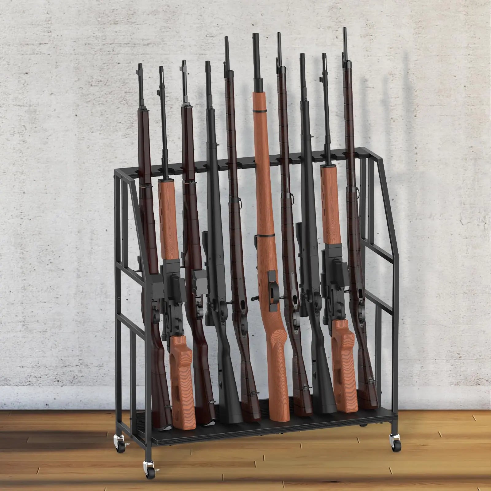 Gun Racks Floor Standing Shotgun Racks Indoor Outdoor Heavy Duty Metal Frame Wooden Rifle Racks with Wheels Vertical Gun Display Stand for Home Garage Gun Storage - Holds up to 10 Long Guns