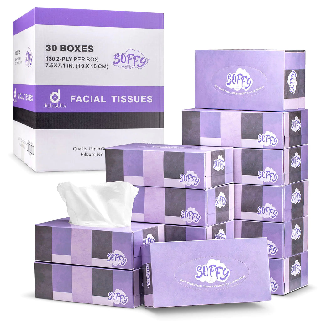 Facial Tissue Paper Soft Tissues 2 Ply White Tissue Paper Bulk - 130 Tissues Per Box Car and Travel Tissue Packs - Face Tissue 7.5" x 7.1" Pack of 30 Tissue Box