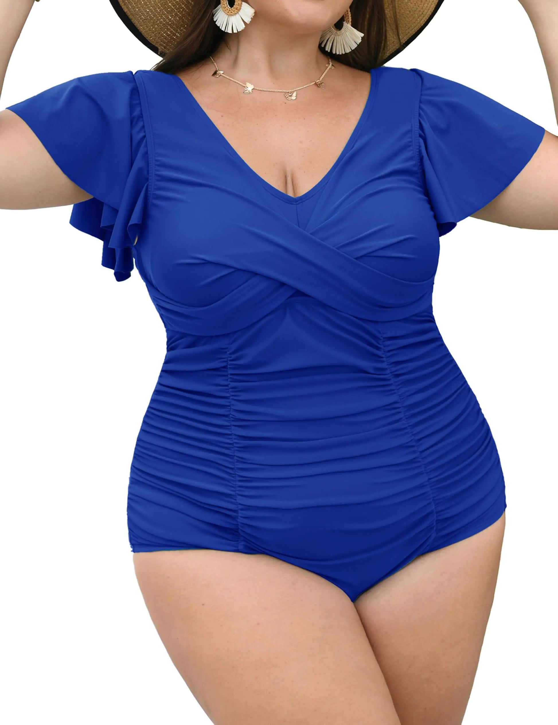 Curvtide Womens Plus Size Swim Romper Swimsuits One Piece Swim Suits Modest Tummy Control Ruffle Sleeves Bathing Suits (Blue1XL)
