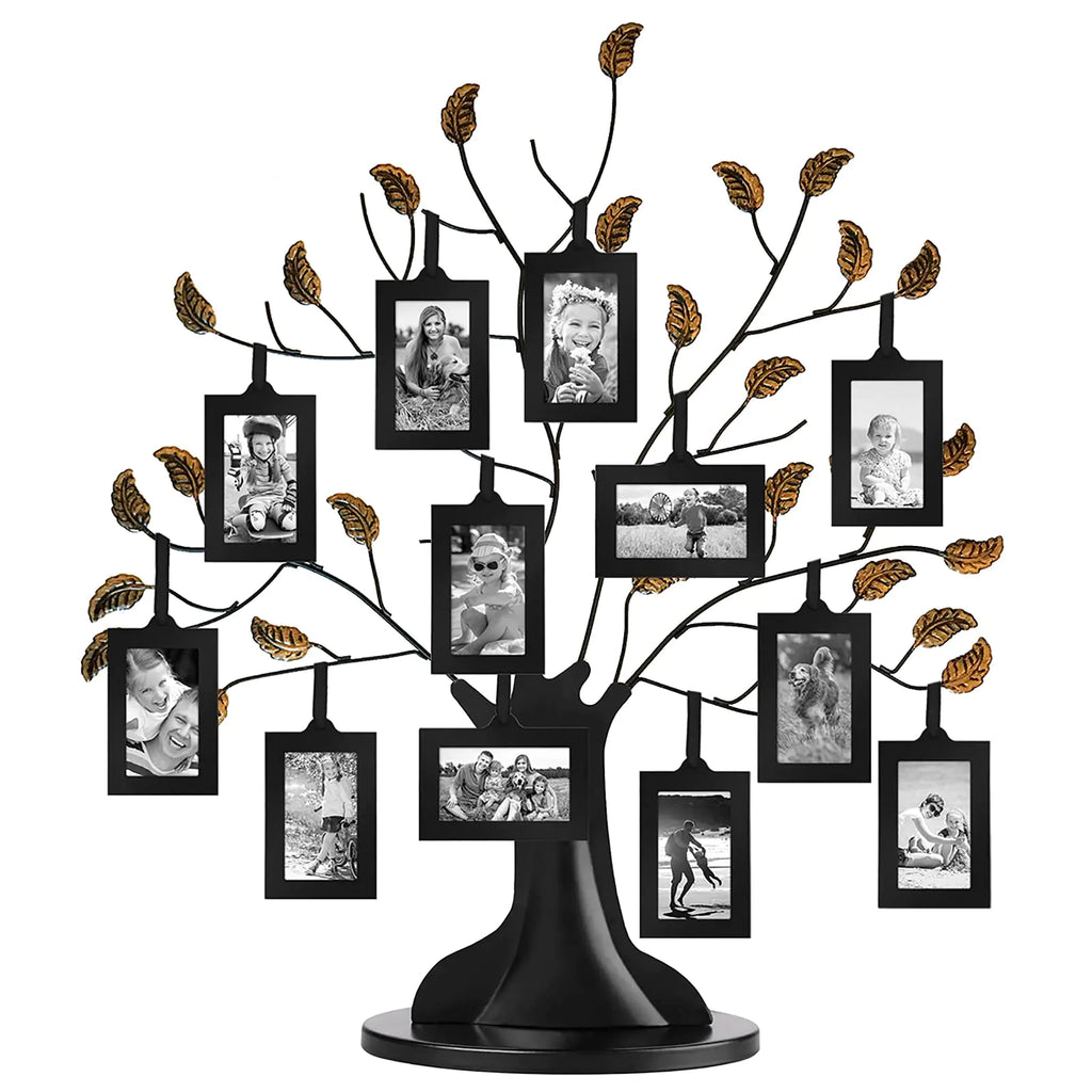 Americanflat Family Tree Picture Frame - Includes 12 Hanging 2x3 Picture Frames - Perfect for Mothers Day Birthdays Christmas Day Anniversary - Adjustable Ribbon Tassels - Black