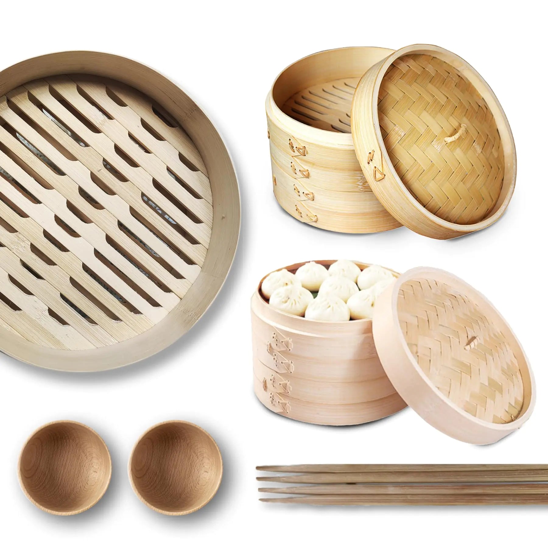 Grown Goods Bamboo Steamer Handmade Basket with Lid | 10 inch 2 Tier Steaming Basket Traditional Design | For Dumplings Rice Dim Sum Vegetables Fish and Meat | Includes 50 liners 2 bamboo sauce
