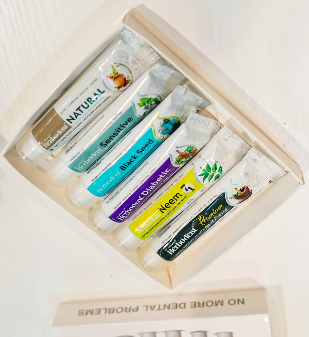 Amazing Toothpaste Minis - Travel Pack | Herbodent® Natural | Herbodent® Premium | Herbodent® Sensitive | Herbodent® Blackseed | Herbodent® Diabetic | Herbodent® NEEM 7 in 1 Toothpaste-1 of Each
