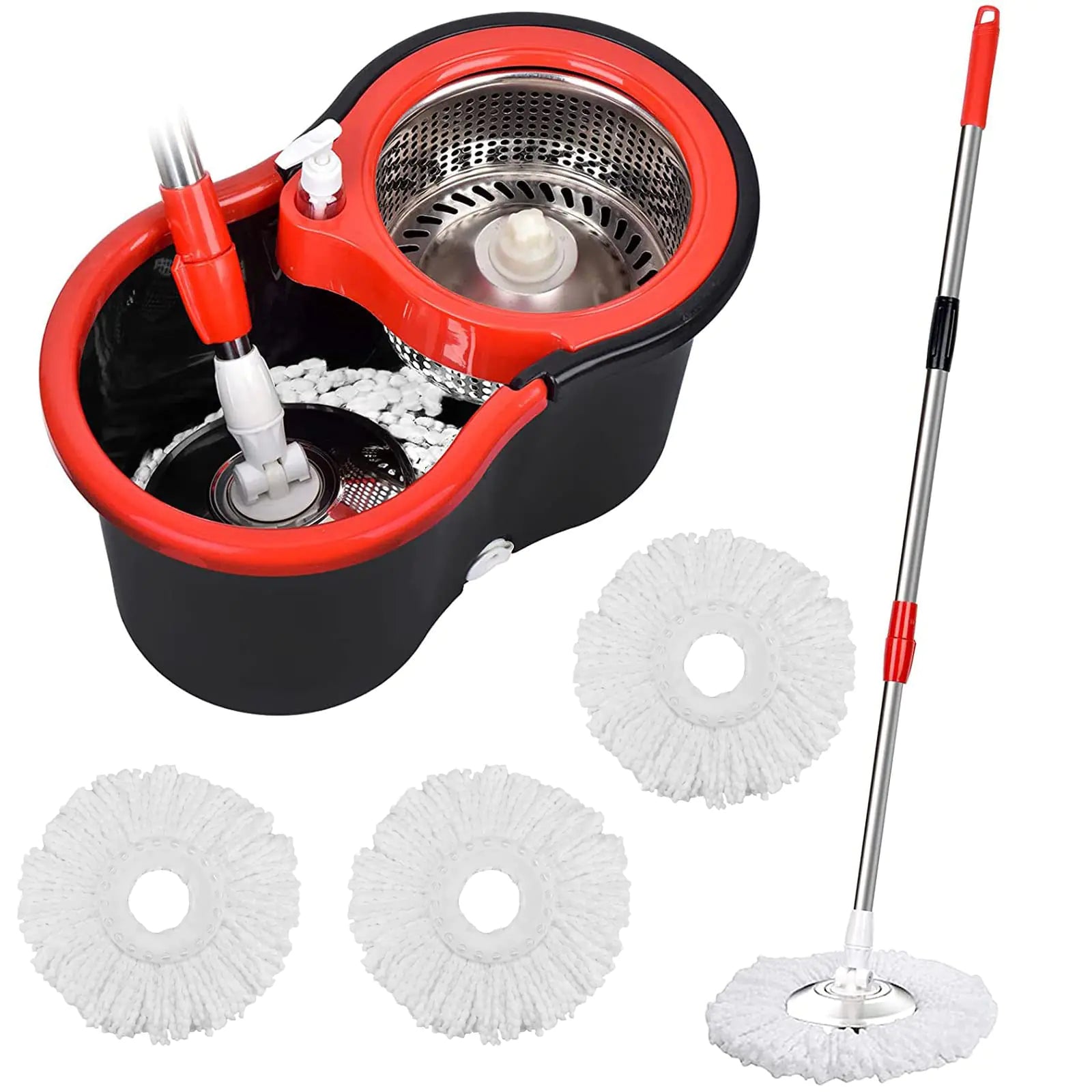 Mop and Bucket Set 360° Spin Mop and Bucket with Wringer Set and 3 Microfiber Mop Refills Stainless Steel 61" Extended Handle Spinning Mop Bucket System for Floor Cleaning