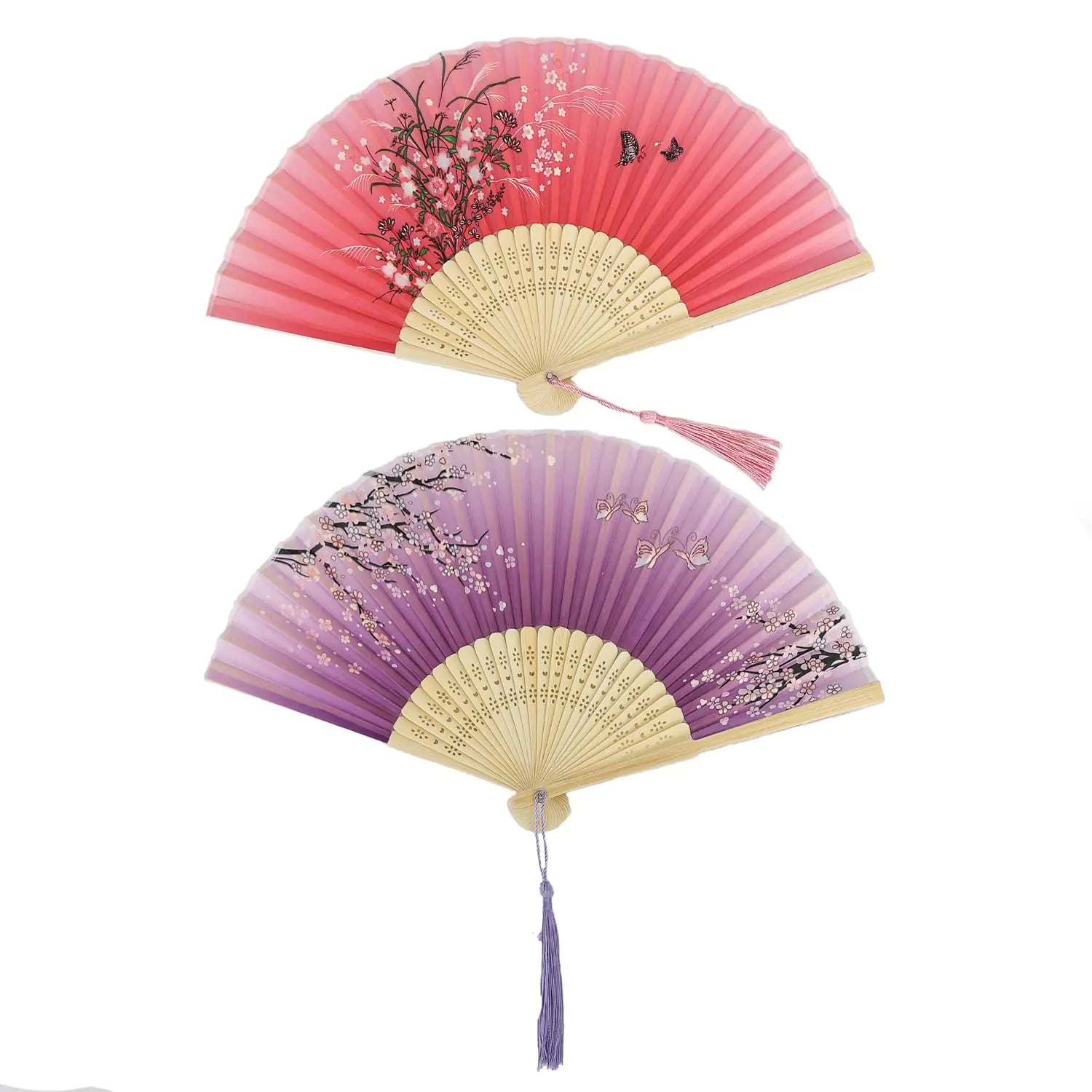 Bestage 2 Pieces Folding Hand Fan for WomenChinese Japanese Handheld Fans Vintage Bamboo Frames Silk Fans for Dancing Cosplay Wedding Party Props Decoration