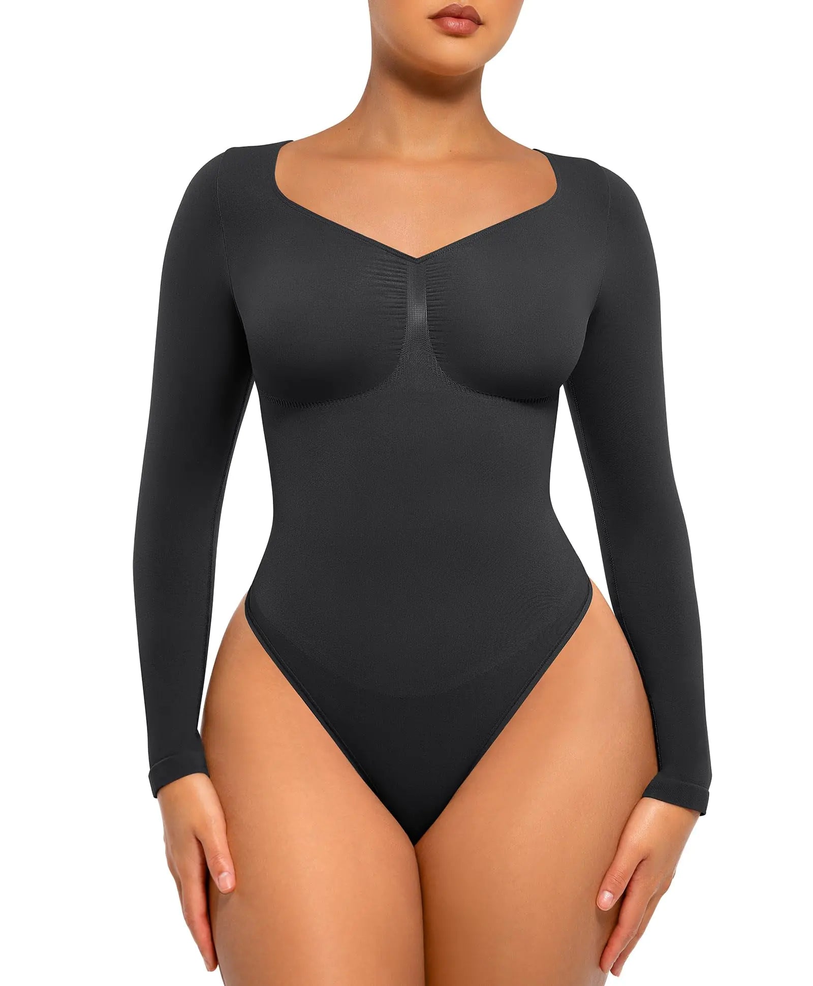 FeelinGirl Black Long Sleeve Shirt for Woman Tummy Control Bodysuit Thong Going Out Slimming Tops Black M