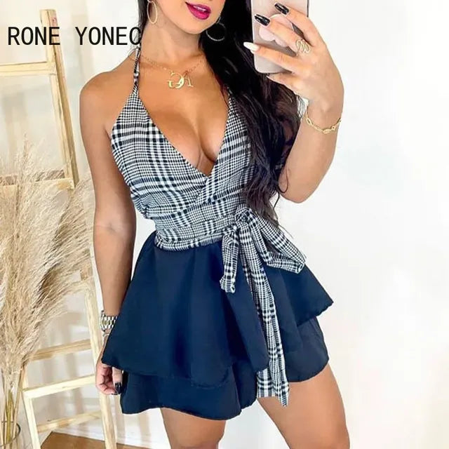 Chic Women’s Halter V Neck Plaid Top & Ruffle Mini Skirt
