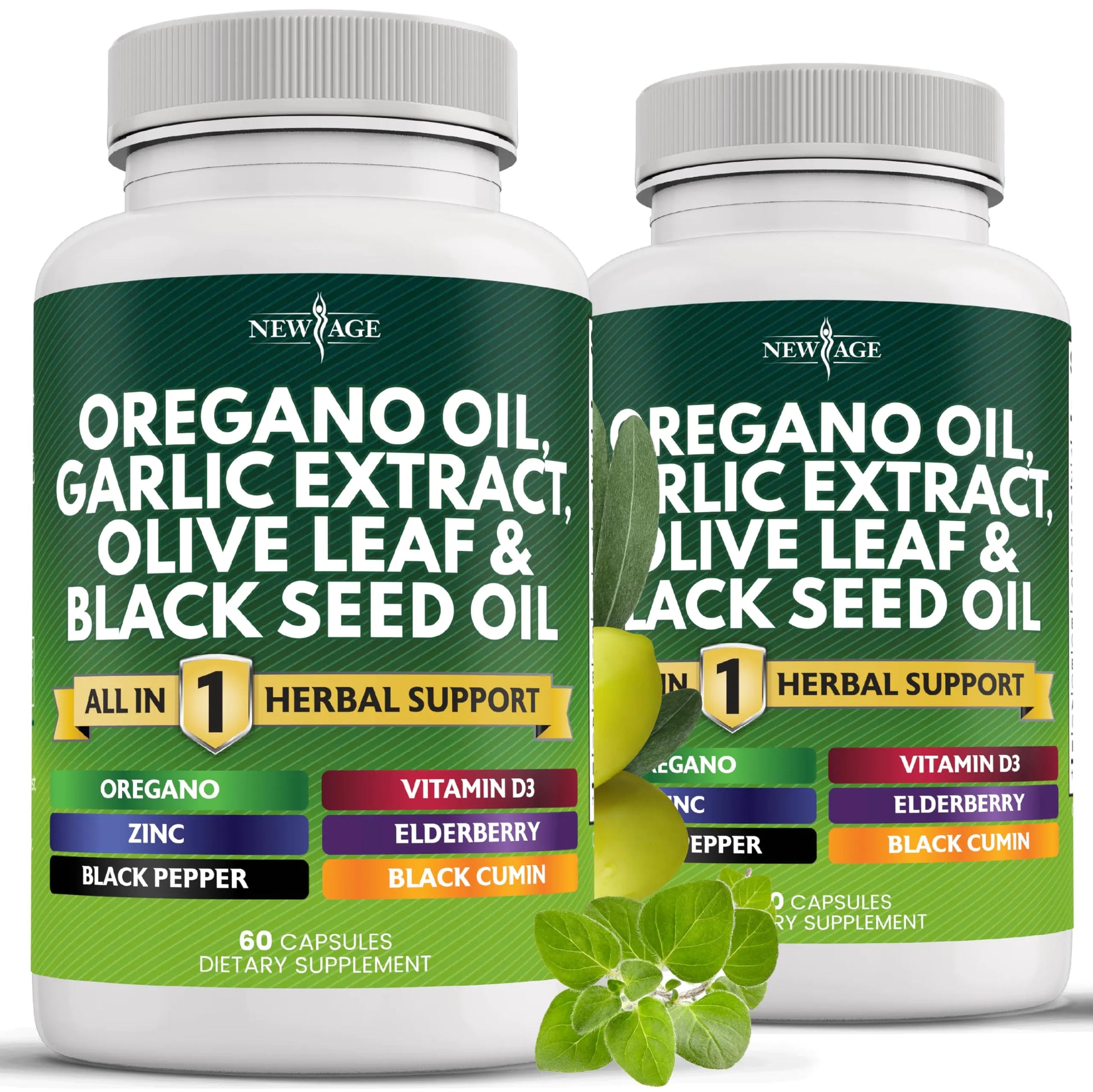 NEW AGE Oregano Oil Garlic Extract Olive Leaf with Astragalus - Supplement for Women and Men - 120 Count