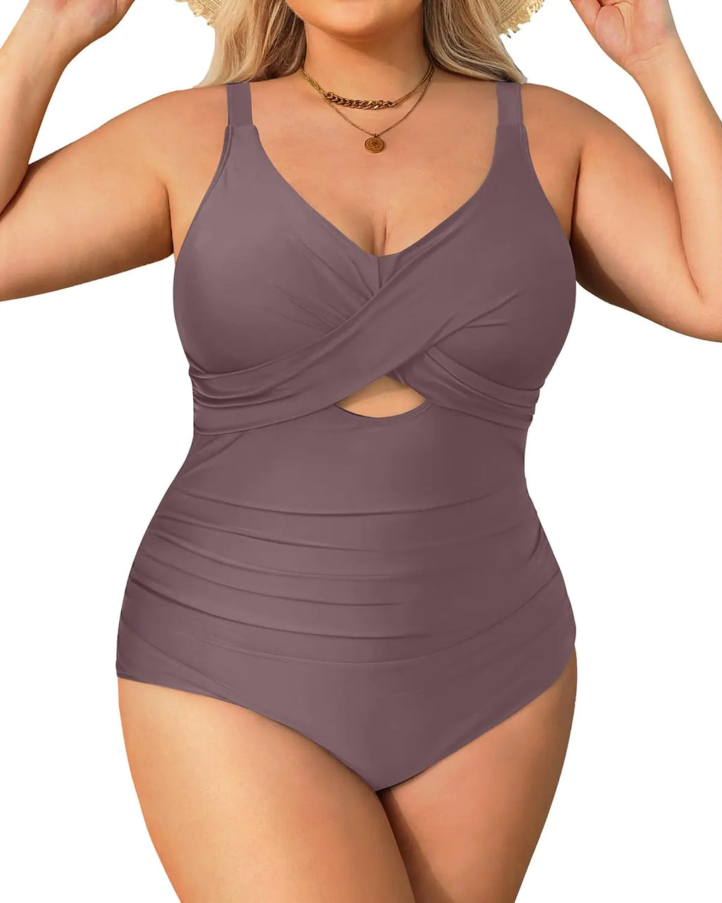 Daci Brown Plus Size One Piece Swimsuits - Tummy Control Bathing Suit for Women Cutout Swimwear 22W