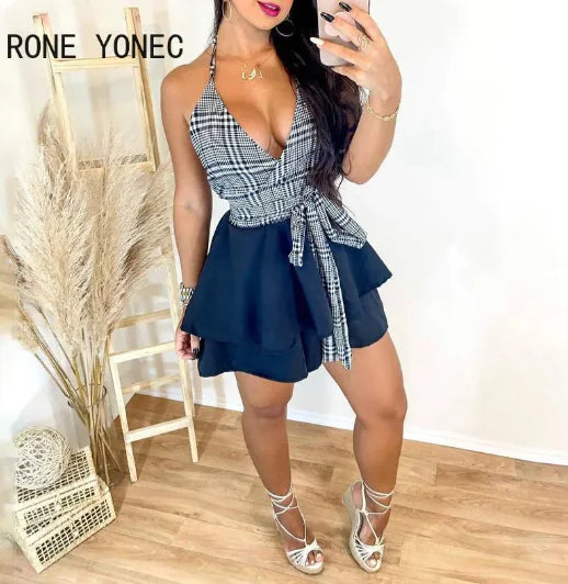 Chic Women’s Halter V Neck Plaid Top & Ruffle Mini Skirt