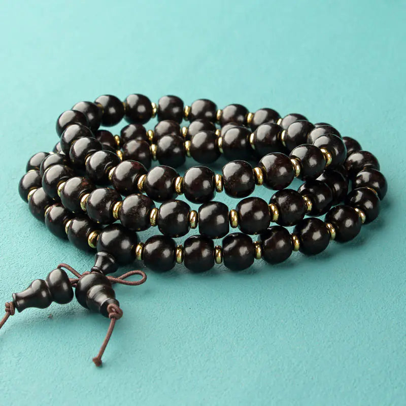 Natural Wood 108 Buddha Beads with Yellow Flower Pear