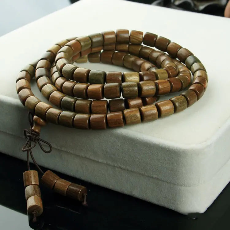 Natural Wood 108 Buddha Beads with Yellow Flower Pear