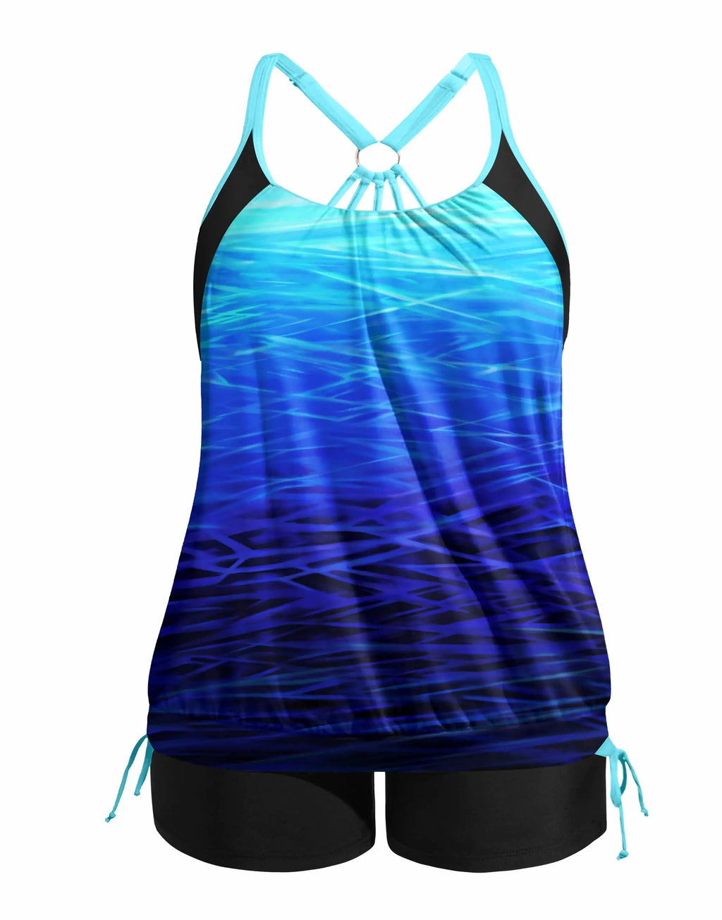 Holipick Blue Gradient Plus Size Tankini Swimsuits for Women Two Piece Tummy Control Bathing Suit Blouson Tankini Top with Shorts 18W