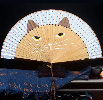 Hand-Painted Cat Folding Bamboo Fan with Lacquered Handle