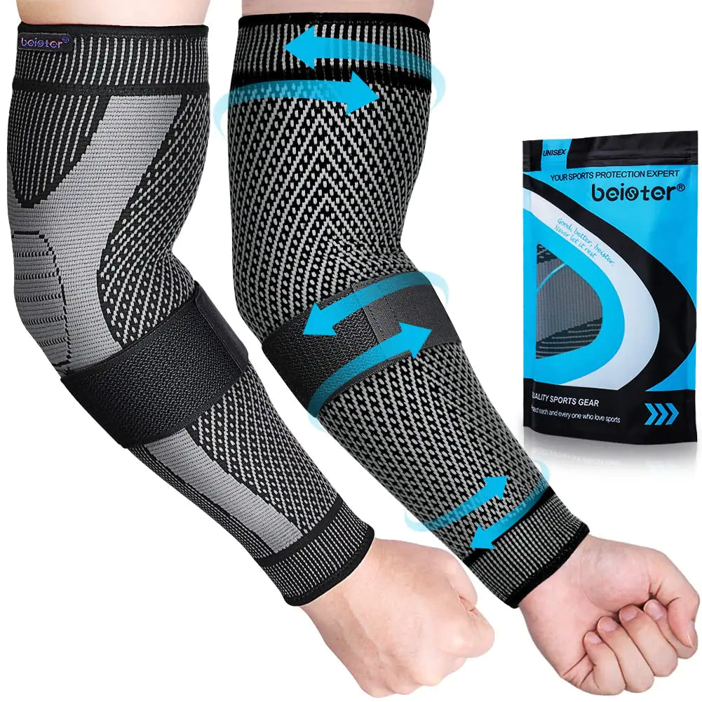 beister Compression Arm Sleeves with Elastic Strap for Men & Women (Pairs) Elbow Braces 20-30 mmhg Non-Slip Breathable Thick Full Arm Supports for Tennis Elbow Workouts ArthritisLymphedemaDVT