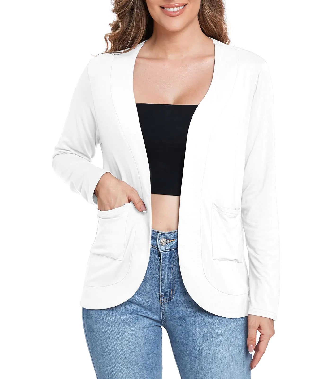ADANIKI 2024 Womens Long Sleeve Cardigan with Pockets Lightweight Casual Loose Open Front Cardigans (White S)