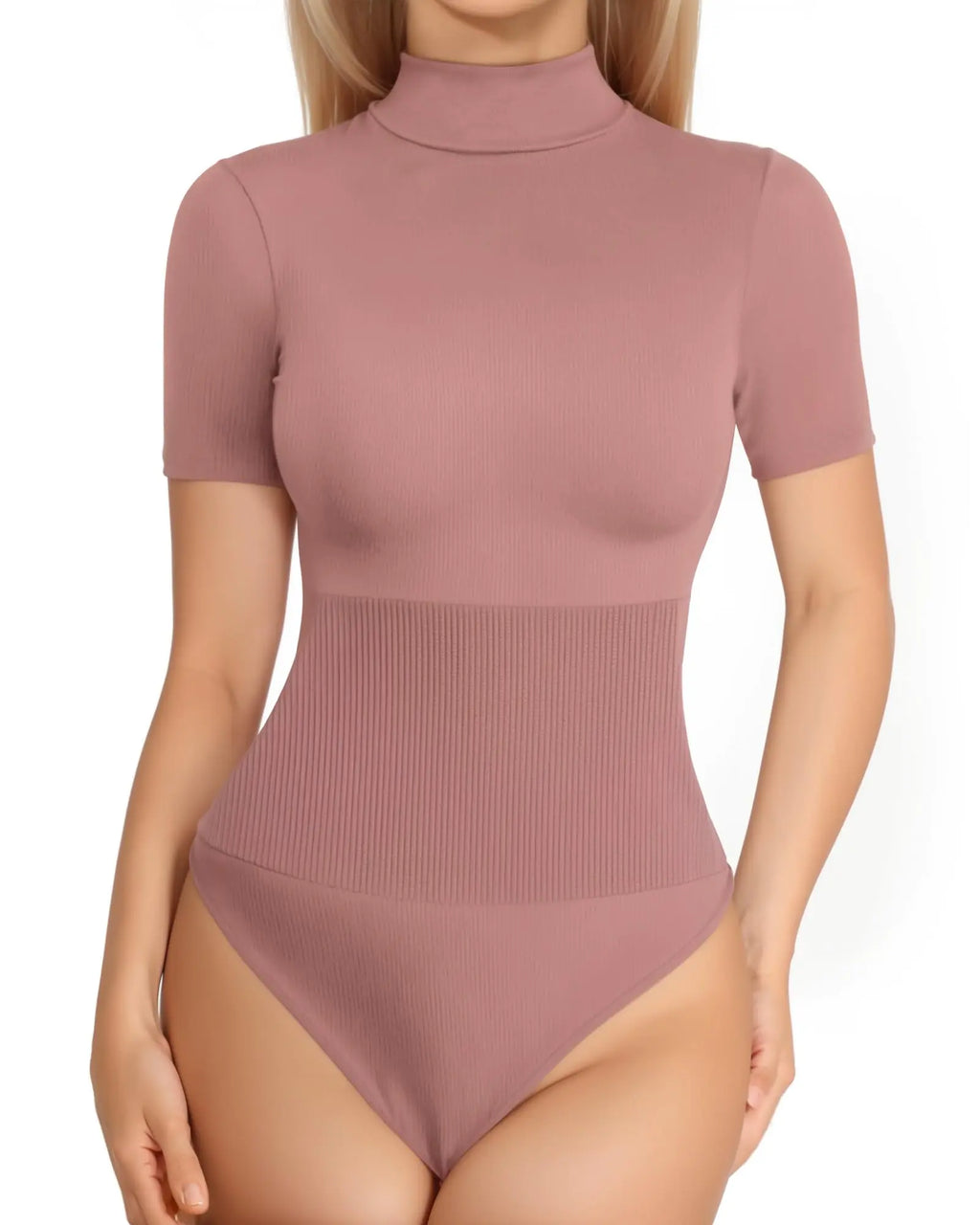 MANGOPOP Tummy Control Thong Shapewear Bodysuit for Women Short Sleeve Turtleneck Top Seamless Ribbed Body Suit (Marsala)
