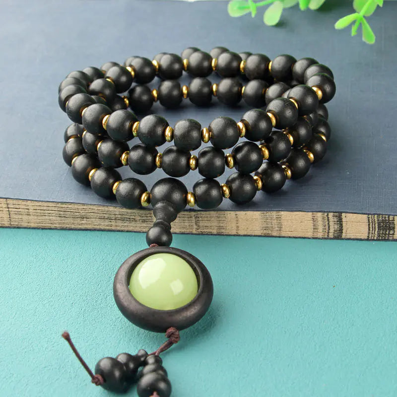 Natural Wood 108 Buddha Beads with Yellow Flower Pear