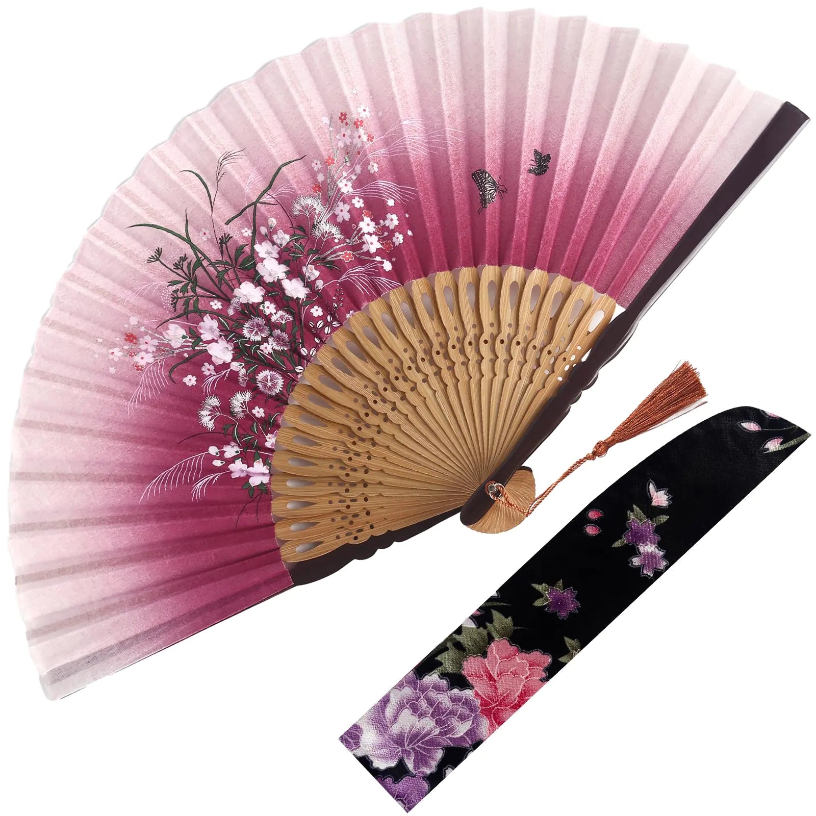 JOHOUSE Folding Fan for Women Handheld Foldable Fan Red Vintage Floral Fan Chinese Japanese Style Fan for Dance Music Festival Wedding Party