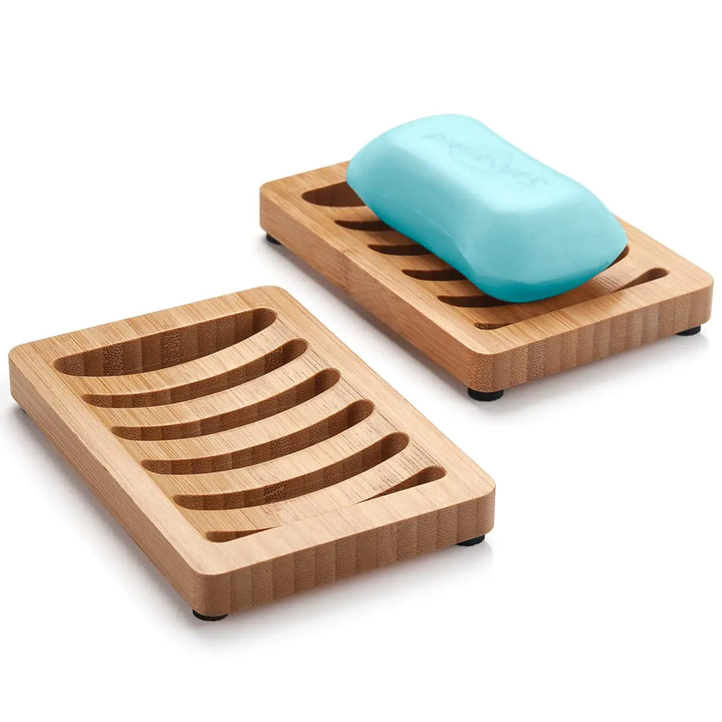 AmazerBath Soap Holder Bamboo Soap Dish Wooden Soap Holder Soap Dish 2 Pack Bamboo Soap Holder Soap Dishes for Bar Soap Wooden Soap Tray Kitchen Soap Tray Self Draining (Wooden Color)