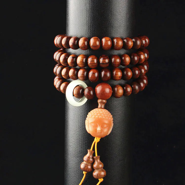 Natural Wood 108 Buddha Beads with Yellow Flower Pear