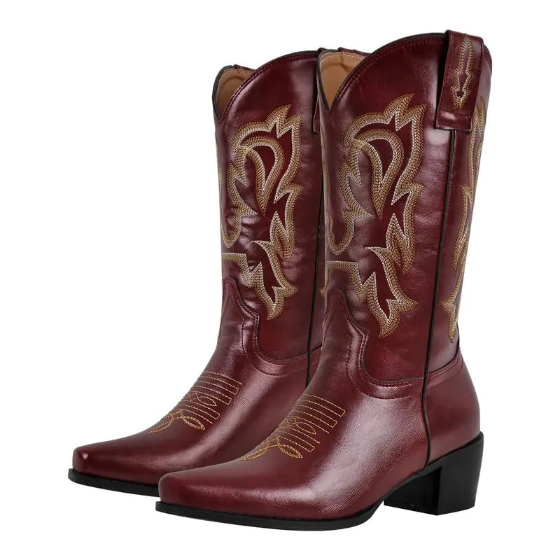 LISHAN Womens Western Boots Cowboy Cowgirl Boots Pull On Embroidered Chunky Block Heel Comfortable Mid Calf Under the Knee High PU Boots Small Square Toe Country Western Party Shoes Dark Red Size 13