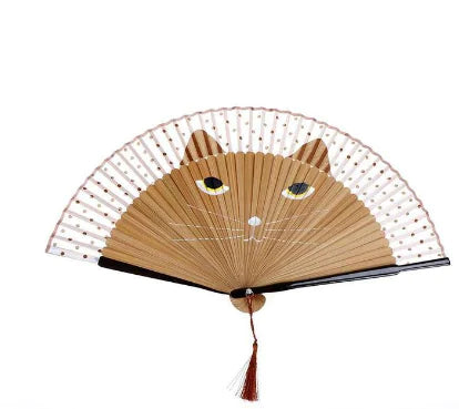 Hand-Painted Cat Folding Bamboo Fan with Lacquered Handle