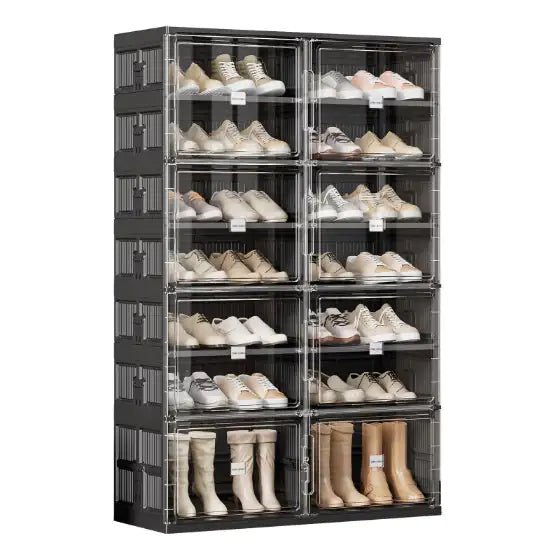 Dual-type Shoe Storage, Hard Plastic Stackable Shoe Box, Folding Shoe Rack With Magnetic Door