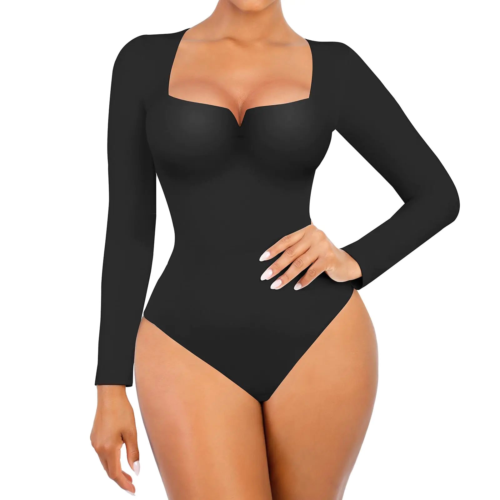 FeelinGirl Women Long Sleeve Bodysuit Square Neck Thong Black Tummy Contorl Bodysuit Casual Daily Shirt Going Out Tops Black L