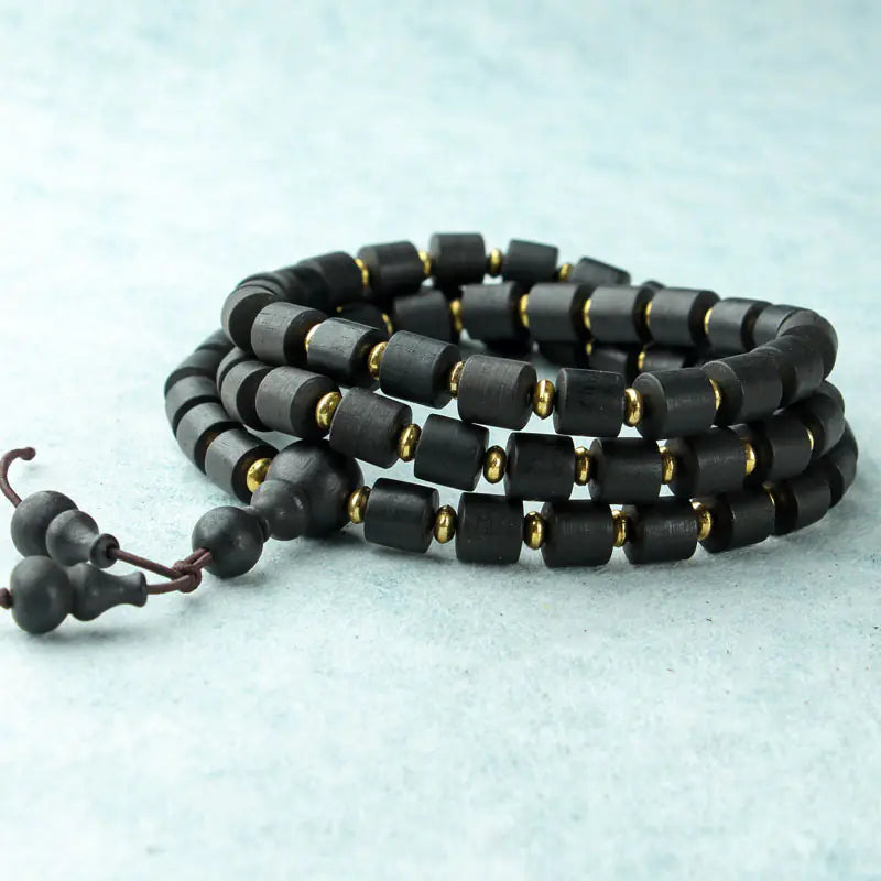 Natural Wood 108 Buddha Beads with Yellow Flower Pear