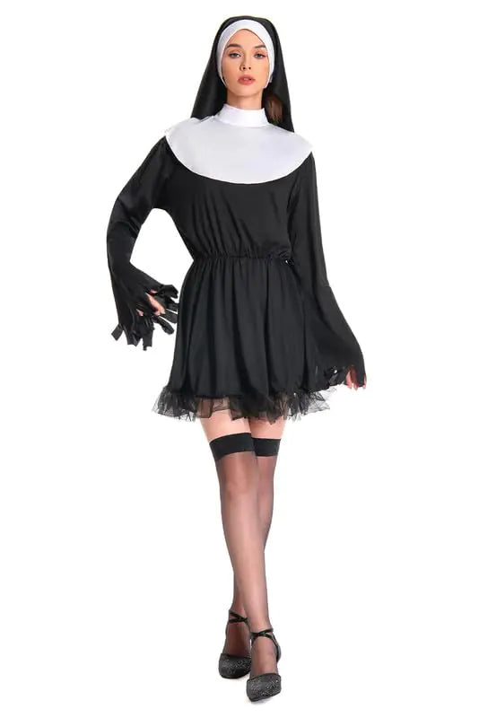 ellzant Adults Nun Costume Outfits for Halloween Womens Holy Sister Priest Cosplay Dress Headpiece Set