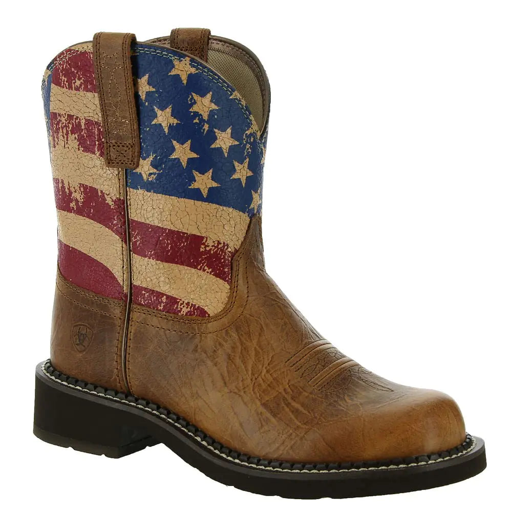 ARIAT BMVY9 Womens Fatbaby Heritage Patriot Western Boot Crackled Tumeric/Splattered Flag 7.5