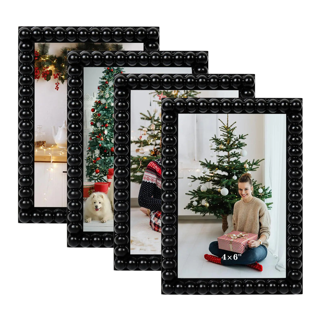 DECOCIAGA 4x6 Picture Frame Set of 4 Black Beaded Photo Frames Display Pictures 4x6 without Mat Multi Photo Frames Collage for Wall or Tabletop Decor