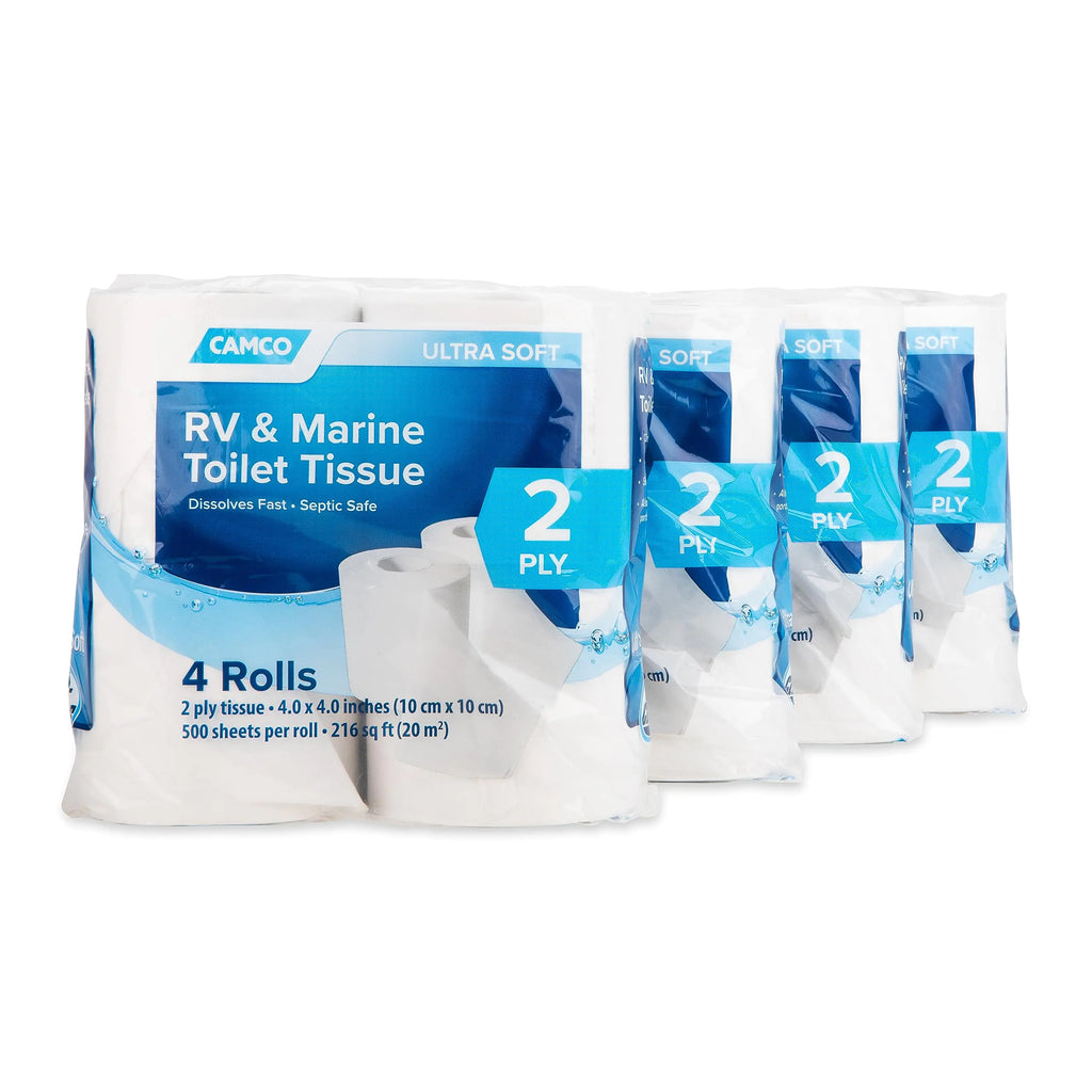 Camco Camper & RV Toilet Paper - 16-Rolls - 2-Ply Quick Dissolve RV Septic Safe Bath Tissue - Dye & Fragrance Free - 500 Sheets Per Roll (40282)
